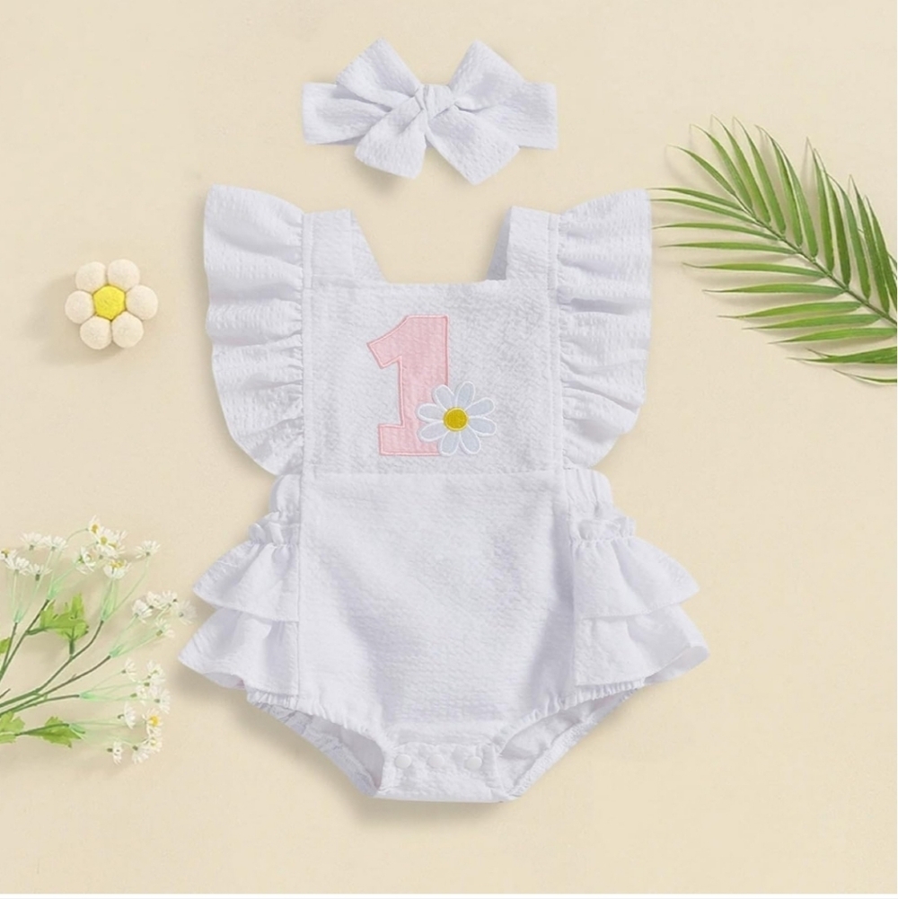 Baby Girl Romper 1st Birthday 𝐎ne Piece Sleeveless Ruffle Bodysuit. 6-12 Months